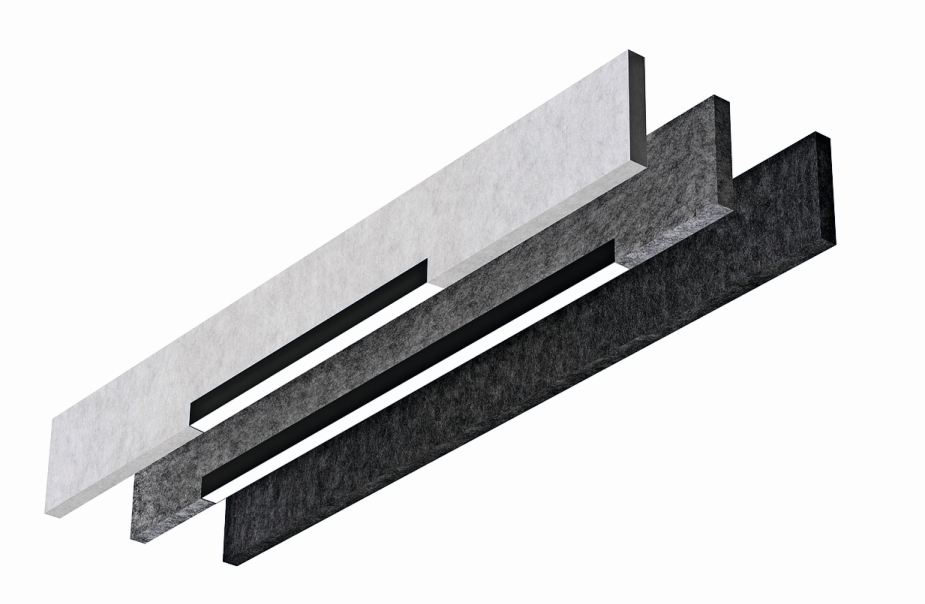 Reine Akustikelemente können mithilfe funktionaler Montagesysteme einfach von der Decke abgehängt werden. Foto: Molto Luce, Design «Baffel»: Ben Elmecker